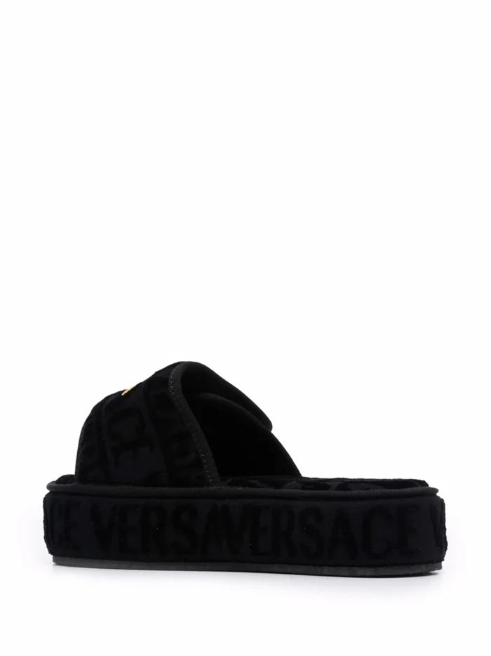 VERSACE Logo Monogram Platform Slides Black - MAISONDEFASHION.COM