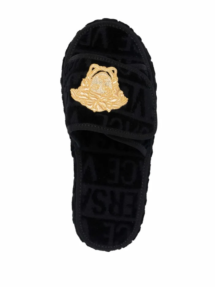 VERSACE Logo Monogram Platform Slides Black - MAISONDEFASHION.COM