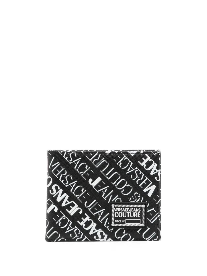 VERSACE Logo Print Leather Wallet Black/White - MAISONDEFASHION.COM