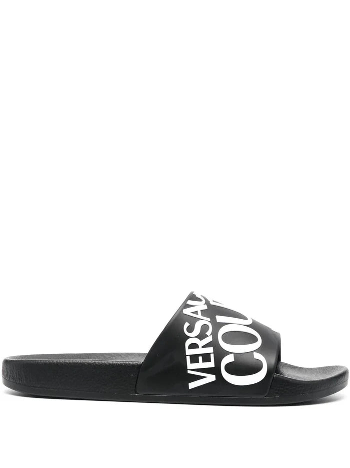 VERSACE Logo-Print Slides Black/White - MAISONDEFASHION.COM