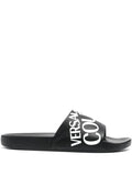 VERSACE Logo-Print Slides Black/White - MAISONDEFASHION.COM