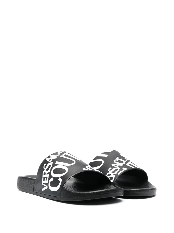 VERSACE Logo-Print Slides Black/White - MAISONDEFASHION.COM