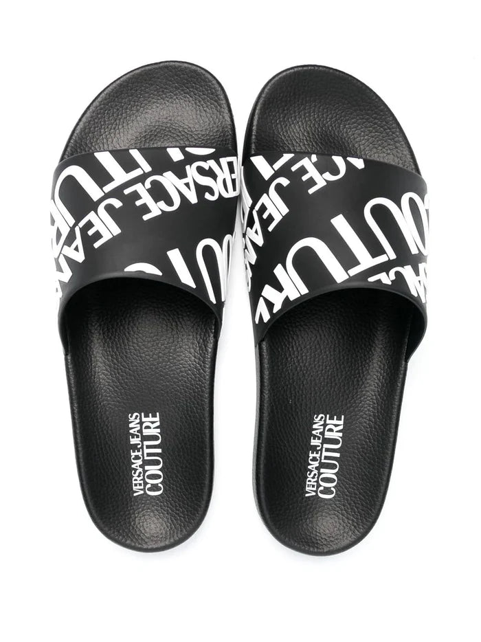 VERSACE Logo-Print Slides Black/White - MAISONDEFASHION.COM