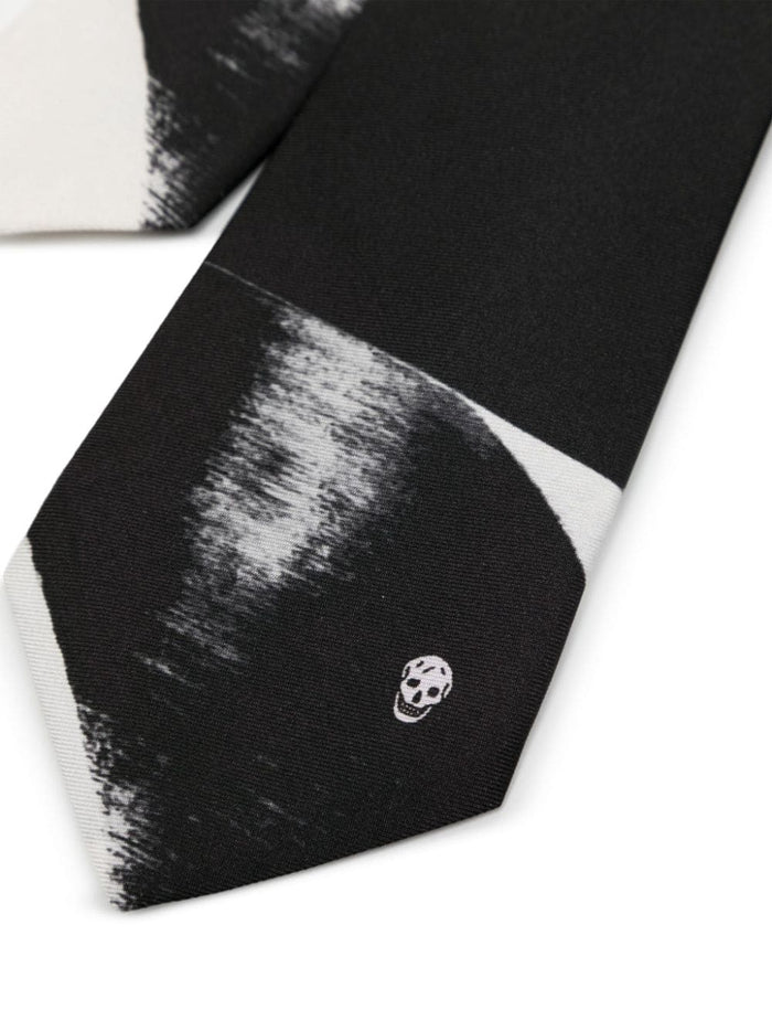 ALEXANDER MCQUEEN Logo Stamp Printed Organic Silk Tie Black Ivory - MAISONDEFASHION.COM