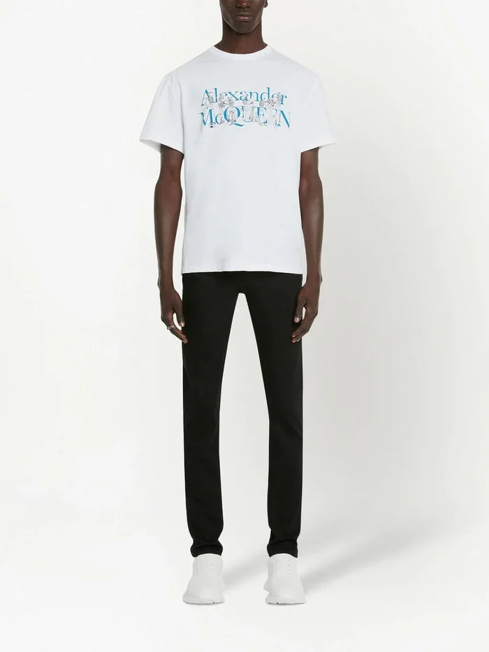 ALEXANDER MCQUEEN Logo T-Shirt White/Blue - MAISONDEFASHION.COM