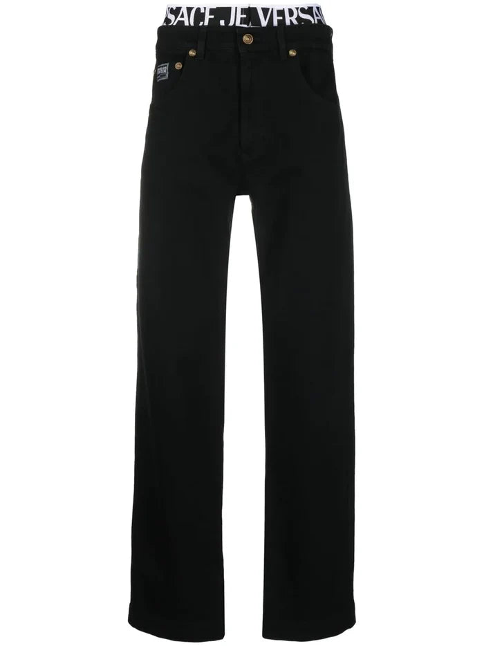 VERSACE MEN Logo Tape Straight Leg Denim Jeans Black - MAISONDEFASHION.COM