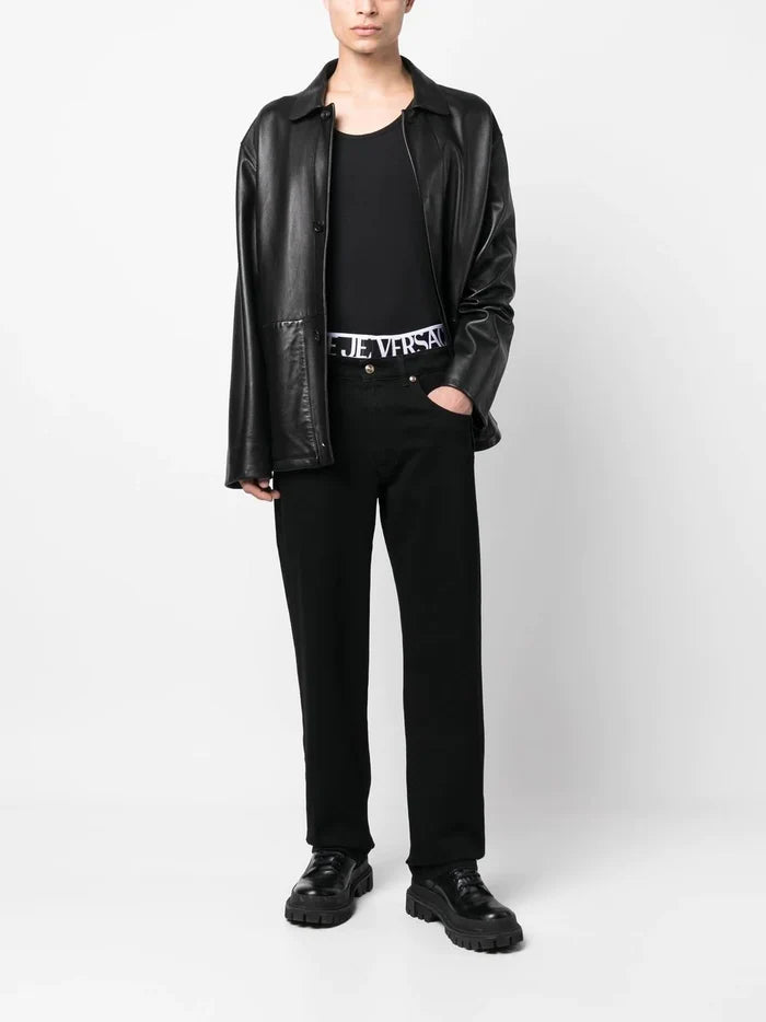 VERSACE MEN Logo Tape Straight Leg Denim Jeans Black - MAISONDEFASHION.COM