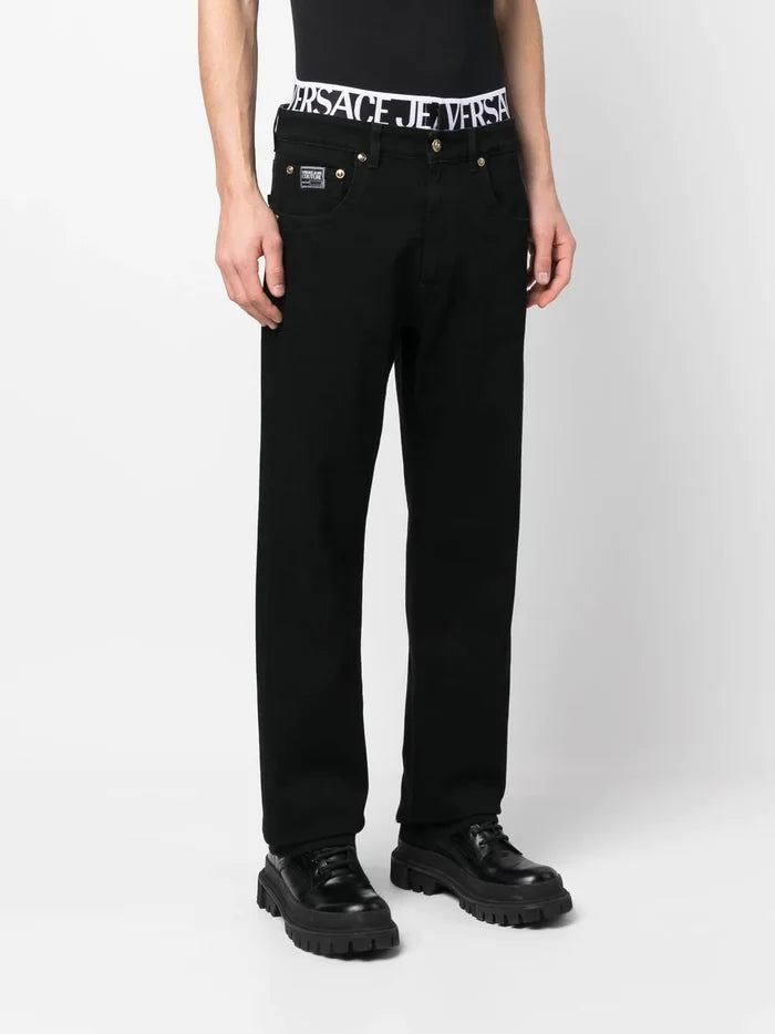 VERSACE MEN Logo Tape Straight Leg Denim Jeans Black - MAISONDEFASHION.COM