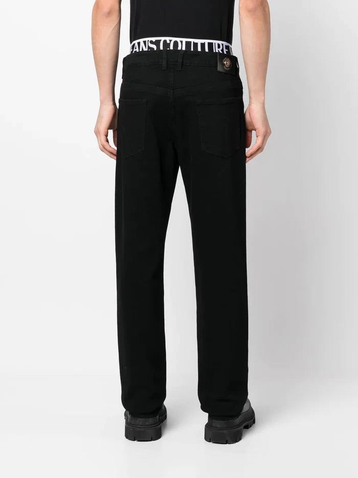 VERSACE MEN Logo Tape Straight Leg Denim Jeans Black - MAISONDEFASHION.COM