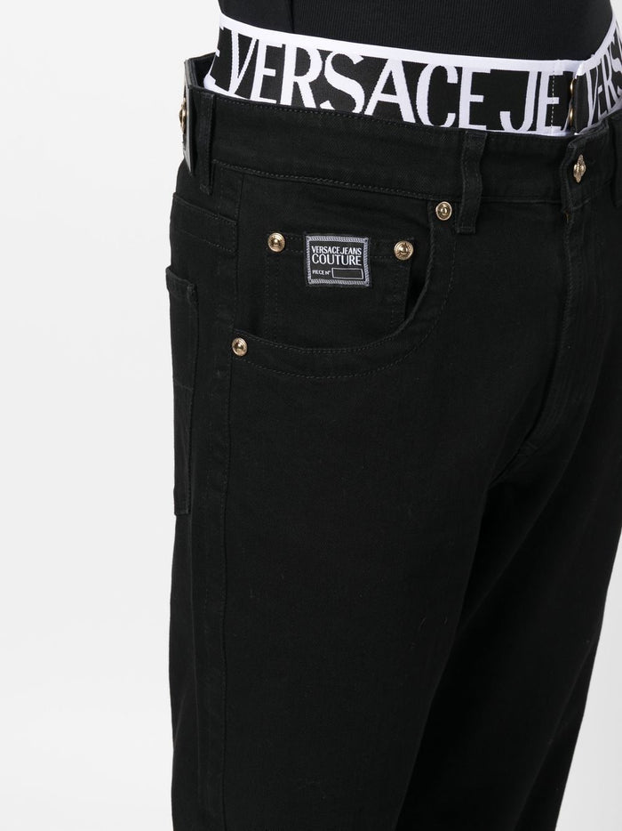 VERSACE MEN Logo Tape Straight Leg Denim Jeans Black - MAISONDEFASHION.COM