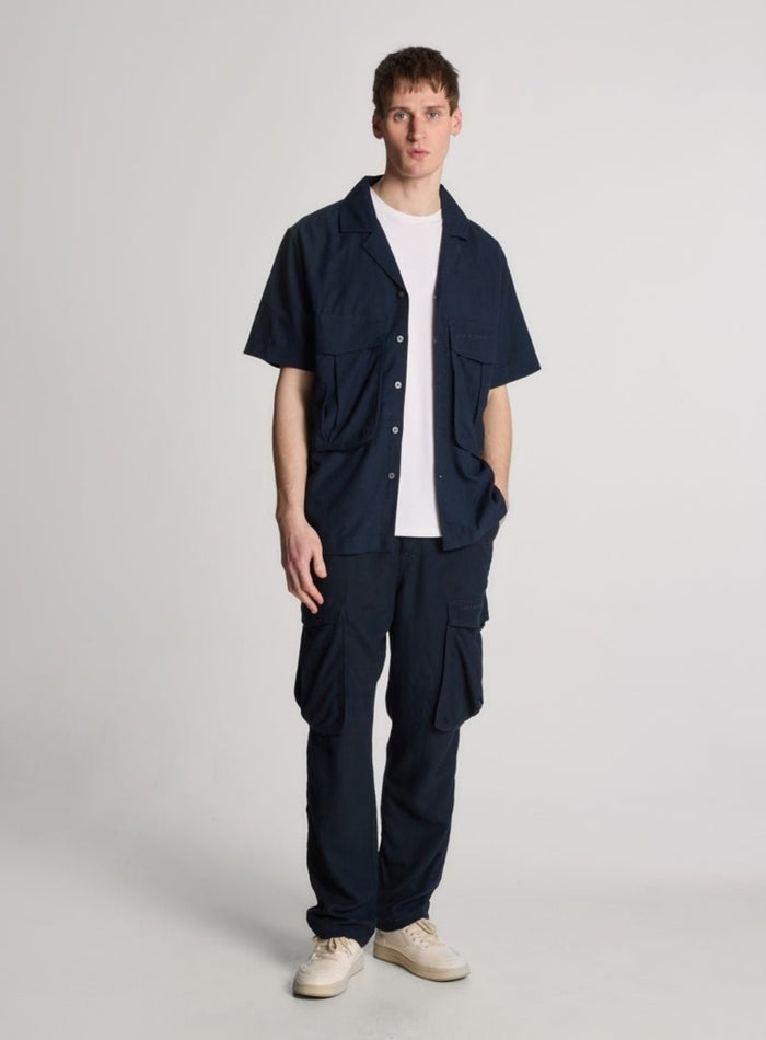 LYLE & SCOTT Cotton Linen Revere Collar Shirt Dark Navy - MAISONDEFASHION.COM