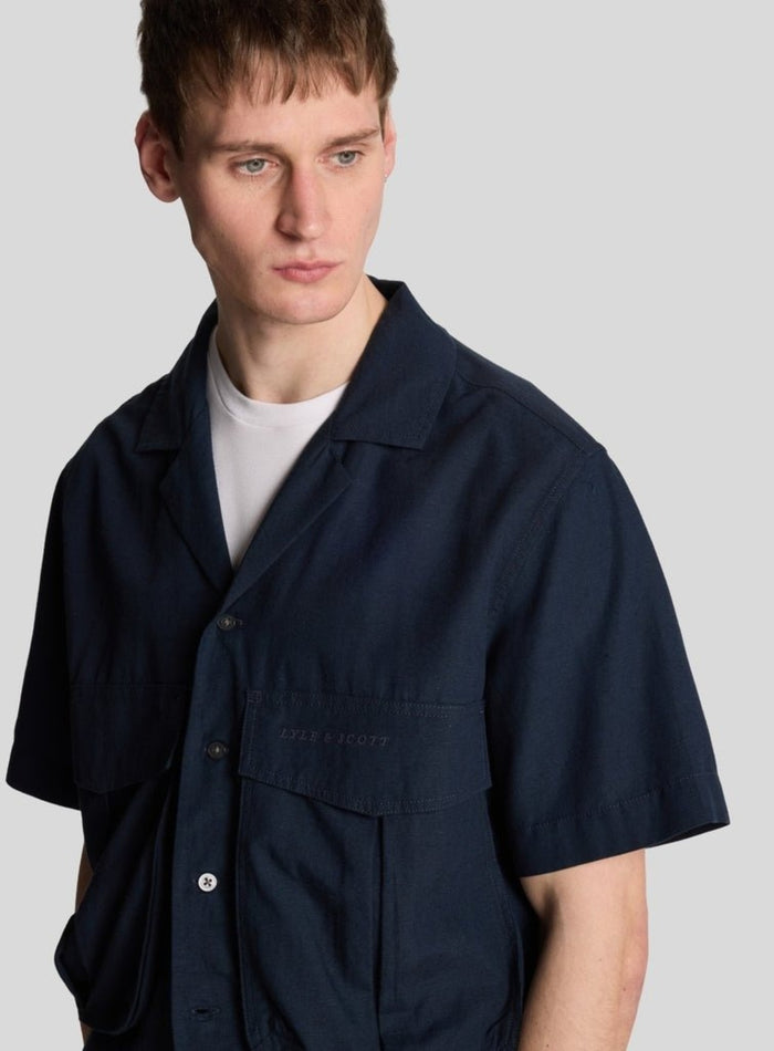 LYLE & SCOTT Cotton Linen Revere Collar Shirt Dark Navy - MAISONDEFASHION.COM