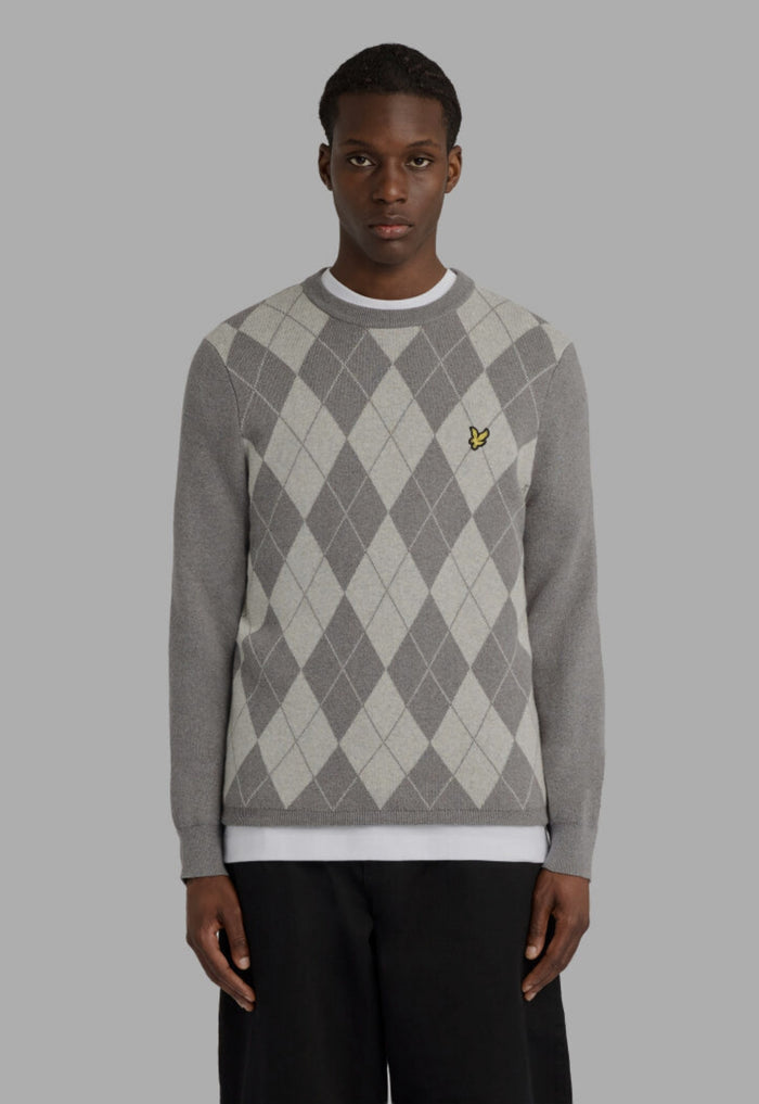LYLE & SCOTT Cotton Merino Argyle Jumper Mid Grey Marl/Light Grey Marl