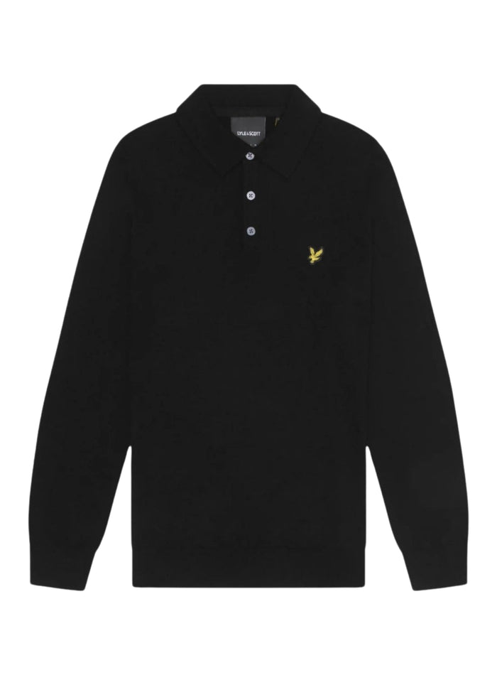 LYLE & SCOTT Cotton Merino Long Sleeve Knitted Polo Jet Black - MAISONDEFASHION.COM