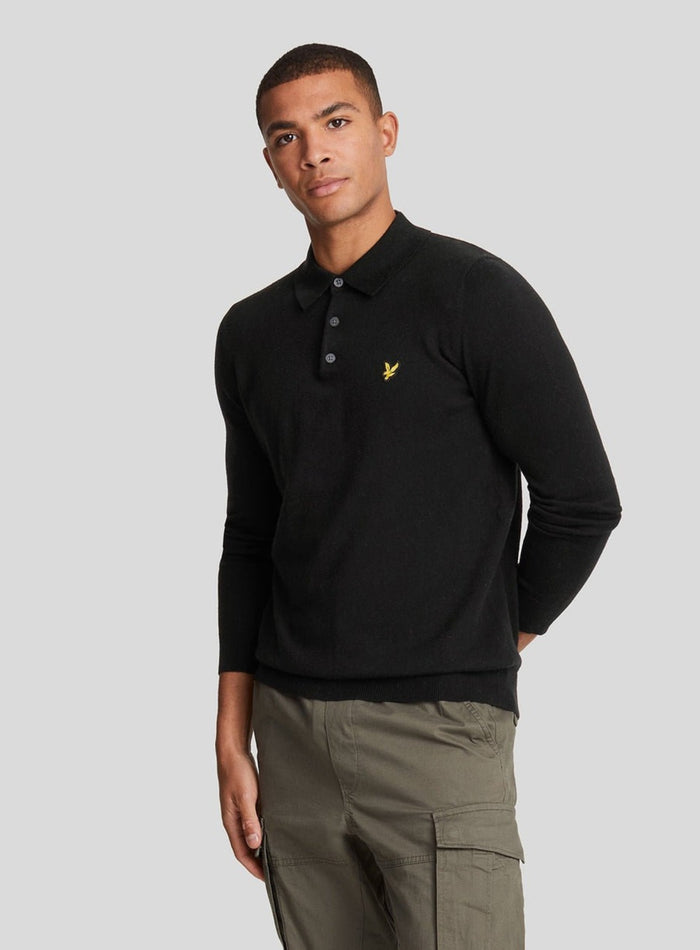LYLE & SCOTT Cotton Merino Long Sleeve Knitted Polo Jet Black - MAISONDEFASHION.COM