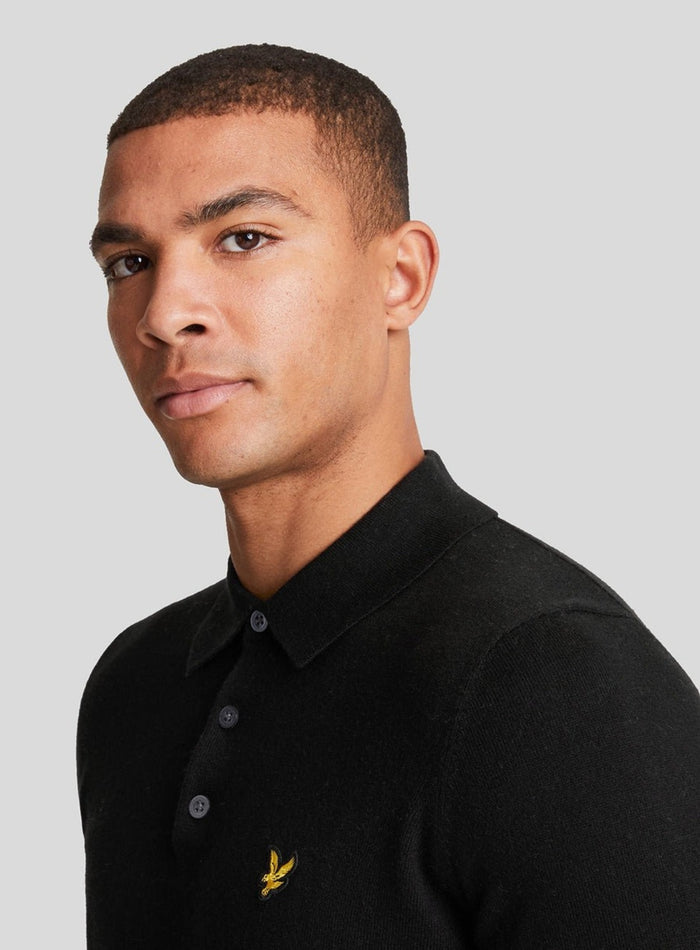 LYLE & SCOTT Cotton Merino Long Sleeve Knitted Polo Jet Black - MAISONDEFASHION.COM
