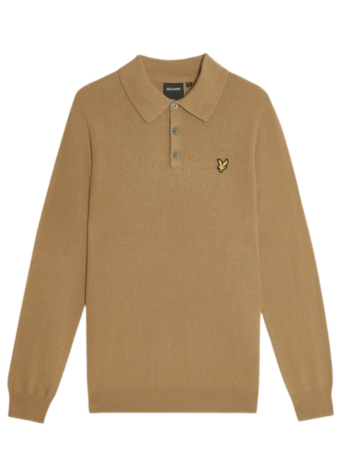 LYLE & SCOTT Cotton Merino Long Sleeve Knitted Polo Tigers Eye - MAISONDEFASHION.COM