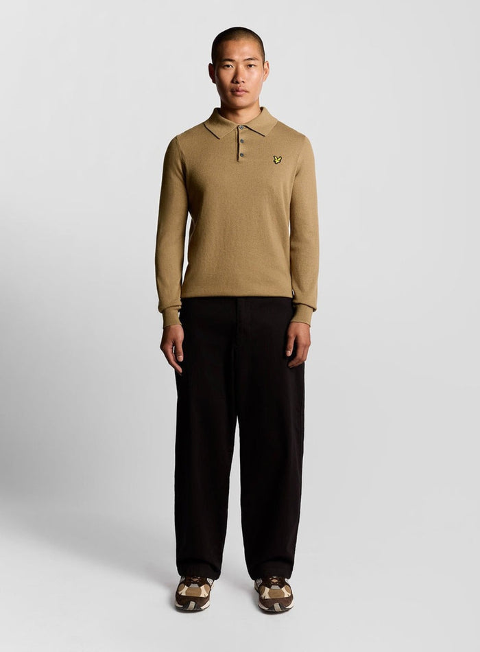 LYLE & SCOTT Cotton Merino Long Sleeve Knitted Polo Tigers Eye - MAISONDEFASHION.COM