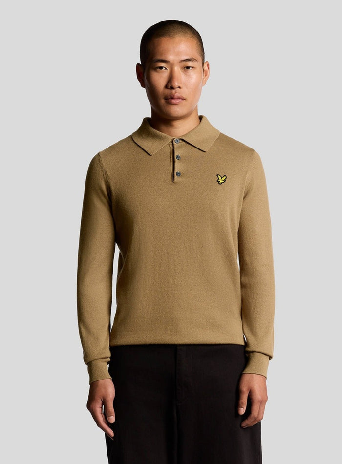 LYLE & SCOTT Cotton Merino Long Sleeve Knitted Polo Tigers Eye - MAISONDEFASHION.COM