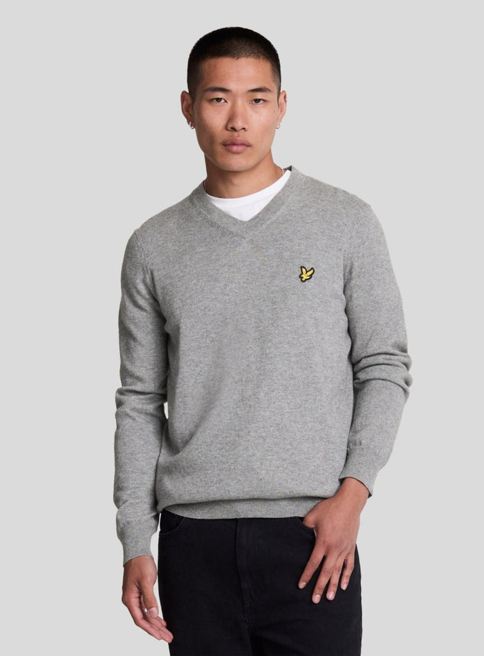 LYLE & SCOTT Cotton Merino V Neck Jumper Mid Grey Marl - MAISONDEFASHION.COM