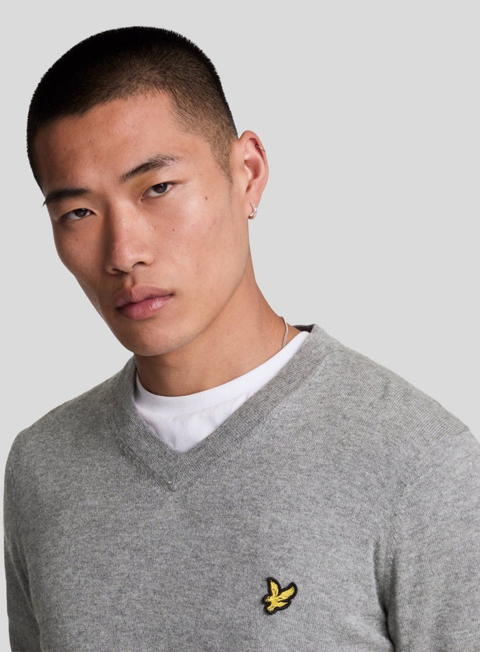 LYLE & SCOTT Cotton Merino V Neck Jumper Mid Grey Marl - MAISONDEFASHION.COM