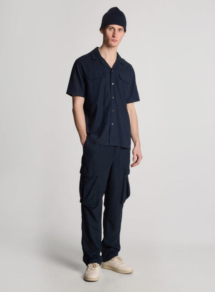 LYLE & SCOTT Linen Blend Revere Shirt Midnight Navy - MAISONDEFASHION.COM