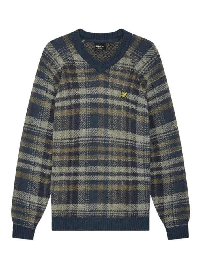 LYLE & SCOTT Offset Check V Neck Jumper Aegean Blue