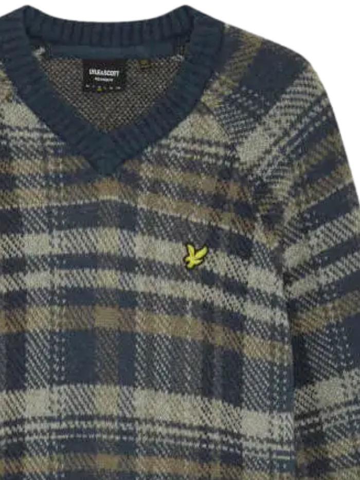 LYLE & SCOTT Offset Check V Neck Jumper Aegean Blue