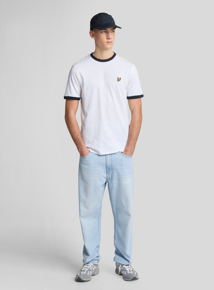 LYLE & SCOTT Ringer Cotton Crew Neck T-Shirt White Dark Navy - MAISONDEFASHION.COM