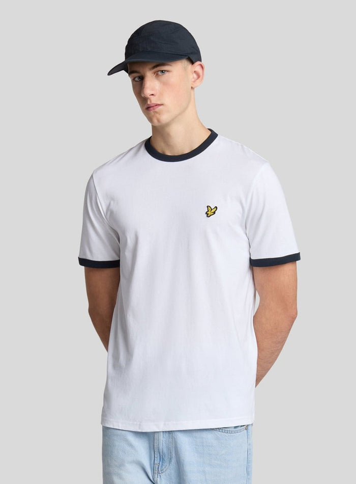 LYLE & SCOTT Ringer Cotton Crew Neck T-Shirt White Dark Navy - MAISONDEFASHION.COM