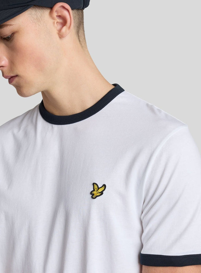 LYLE & SCOTT Ringer Cotton Crew Neck T-Shirt White Dark Navy - MAISONDEFASHION.COM
