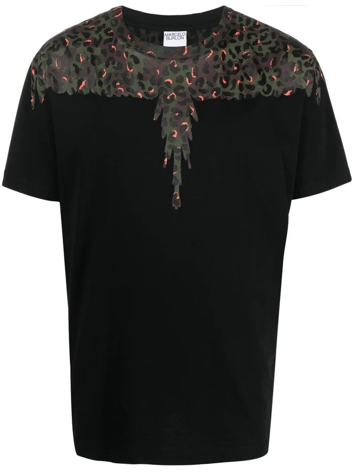 MARCELO BURLON COUNTY Animalier Wings Regular Tee Black Brown Green - MAISONDEFASHION.COM