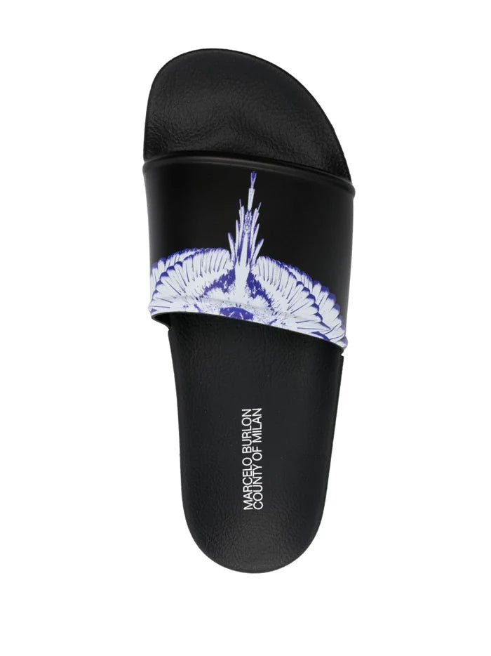 MARCELO BURLON COUNTY OF MILAN MEN Icon Wings Sliders Black White - MAISONDEFASHION.COM
