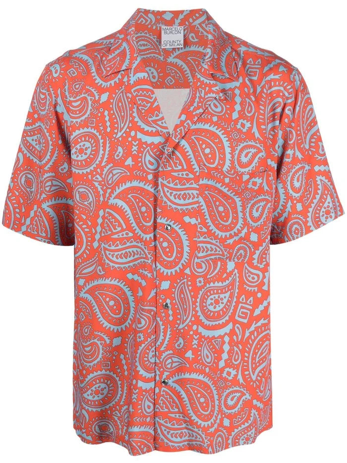 MARCELO BURLON COUNTY OF MILAN Paisley Hawaii Shirt Red Light Blue - MAISONDEFASHION.COM