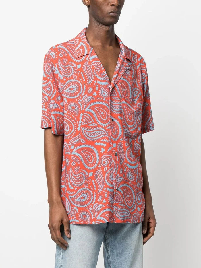 MARCELO BURLON COUNTY OF MILAN Paisley Hawaii Shirt Red Light Blue - MAISONDEFASHION.COM