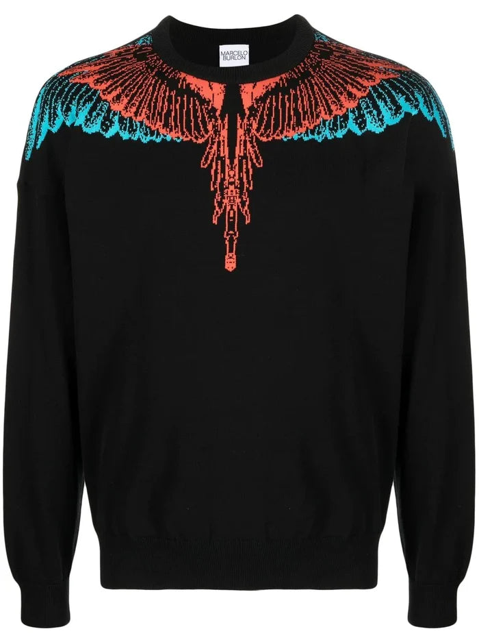 MARCELO BURLON Icon Wings Knit Sweatshirt Boxy Crew Black Red - MAISONDEFASHION.COM