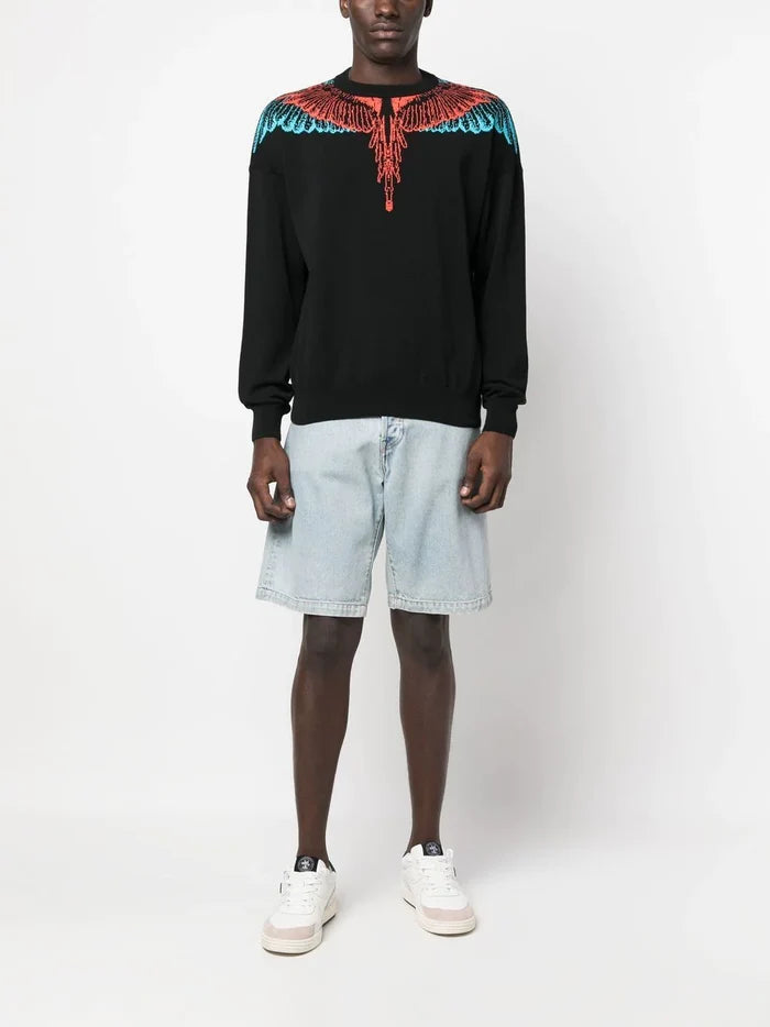 MARCELO BURLON Icon Wings Knit Sweatshirt Boxy Crew Black Red - MAISONDEFASHION.COM