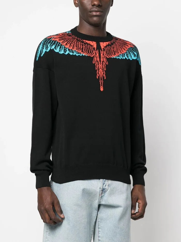 MARCELO BURLON Icon Wings Knit Sweatshirt Boxy Crew Black Red - MAISONDEFASHION.COM