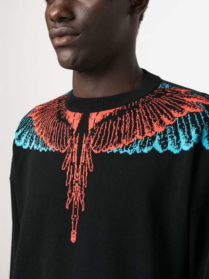 MARCELO BURLON Icon Wings Knit Sweatshirt Boxy Crew Black Red - MAISONDEFASHION.COM