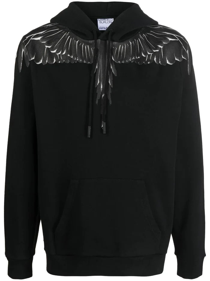 MARCELO BURLON Icon Wings Regular Hoodie Black/Black - MAISONDEFASHION.COM