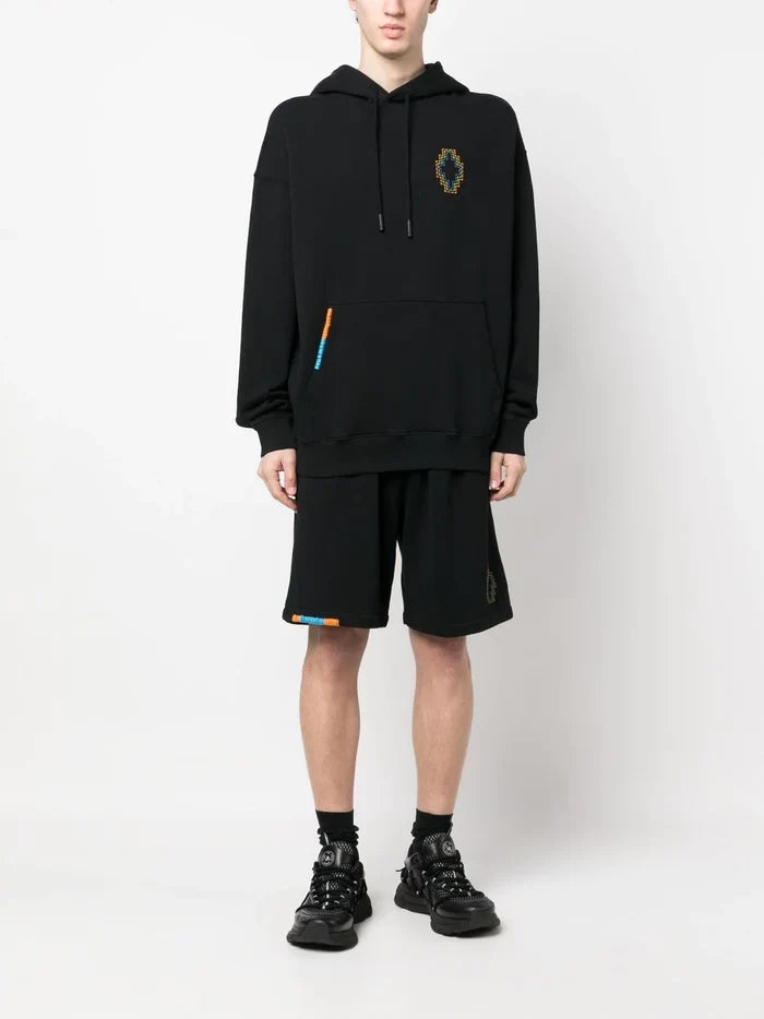 MARCELO BURLON MEN Stitch Cross Basket Shorts Black Orange - MAISONDEFASHION.COM