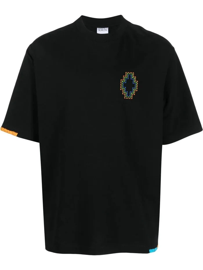 MARCELO BURLON MEN Stitch Cross Over T-Shirt Black Orange - MAISONDEFASHION.COM