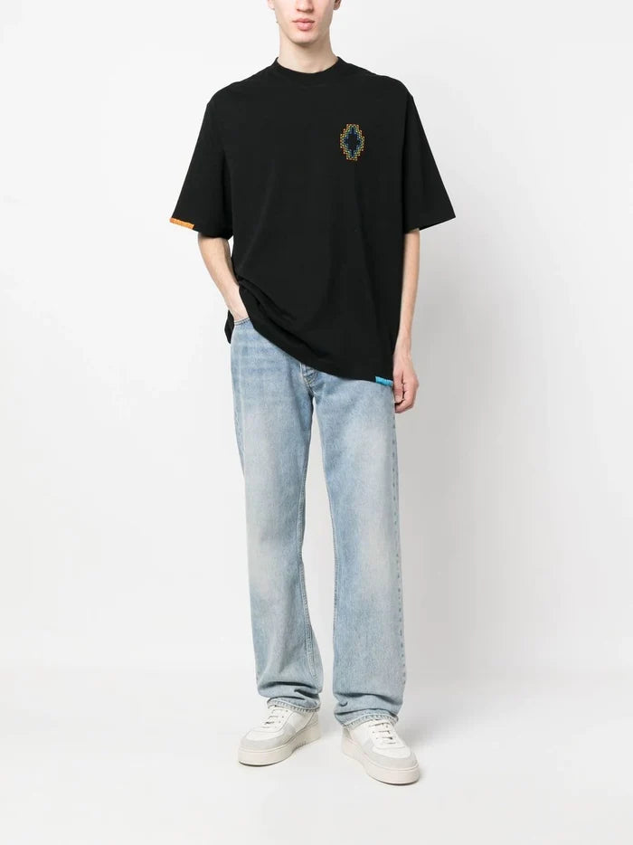 MARCELO BURLON MEN Stitch Cross Over T-Shirt Black Orange - MAISONDEFASHION.COM