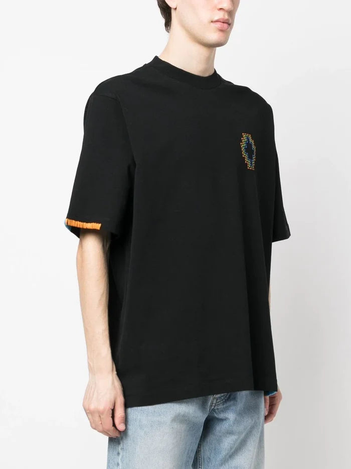 MARCELO BURLON MEN Stitch Cross Over T-Shirt Black Orange - MAISONDEFASHION.COM
