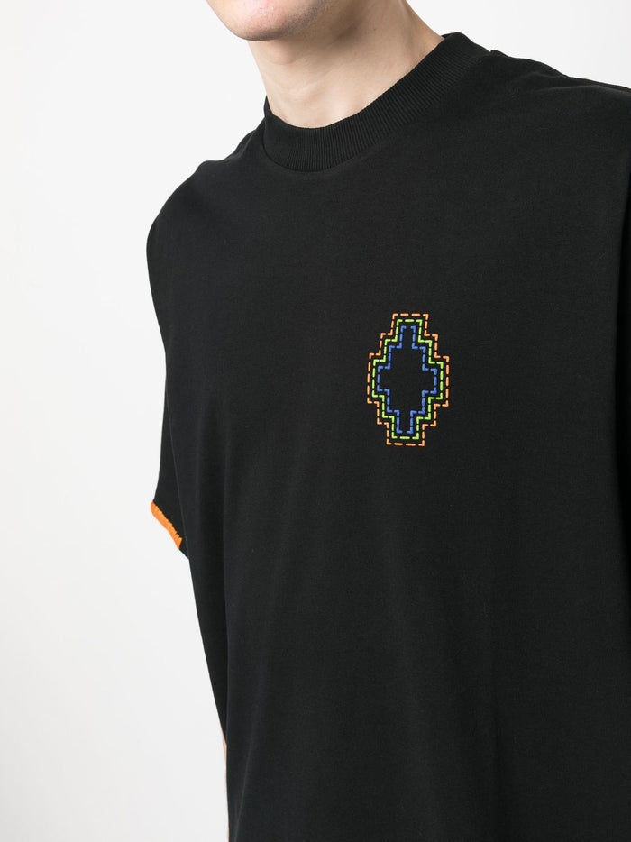 MARCELO BURLON MEN Stitch Cross Over T-Shirt Black Orange - MAISONDEFASHION.COM