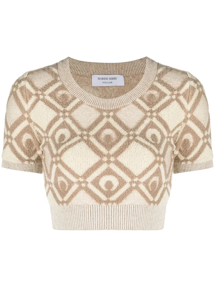 MARINE SERRE WOMEN Chunky Jacquard Knitted Crop Top Beige - MAISONDEFASHION.COM