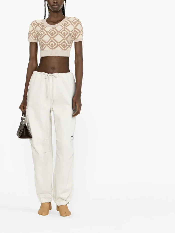 MARINE SERRE WOMEN Chunky Jacquard Knitted Crop Top Beige - MAISONDEFASHION.COM