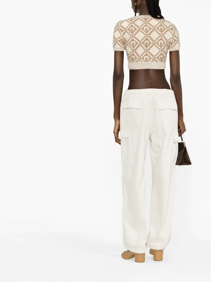 MARINE SERRE WOMEN Chunky Jacquard Knitted Crop Top Beige - MAISONDEFASHION.COM