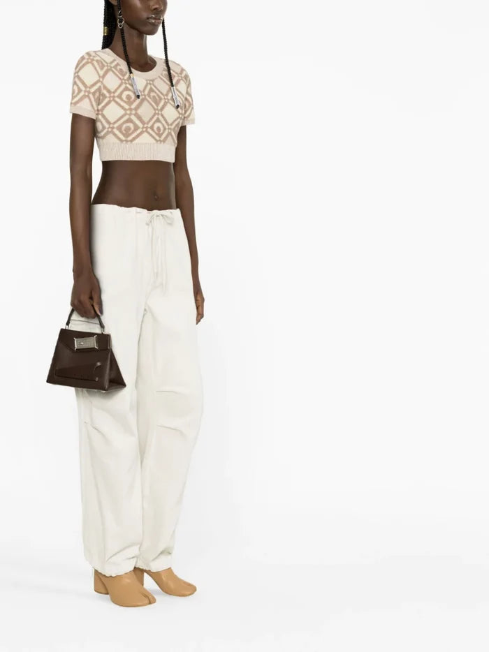 MARINE SERRE WOMEN Chunky Jacquard Knitted Crop Top Beige - MAISONDEFASHION.COM