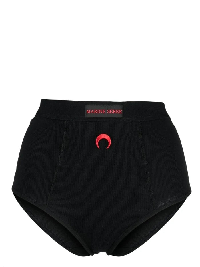 MARINE SERRE WOMEN Organic-Cotton Ribbed Panties Black/Red - MAISONDEFASHION.COM